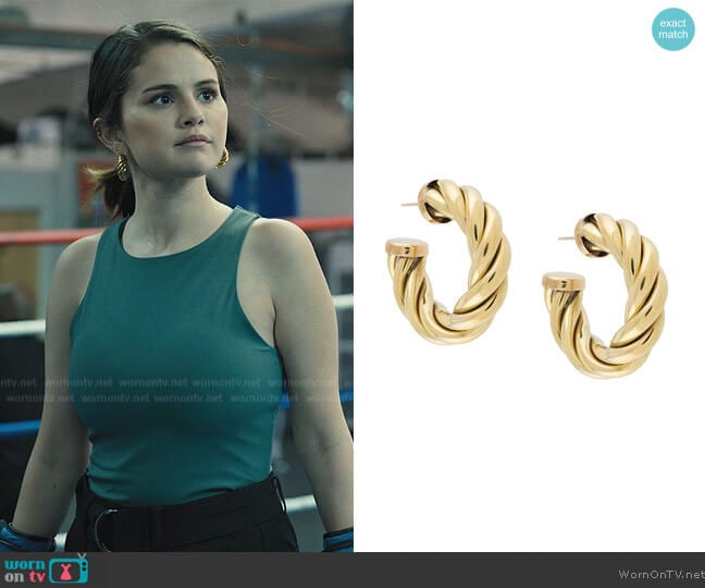 Spira gold-tone hoop earrings by Laura Lombardi worn by Mabel Mora (Selena Gomez) on Only Murders in the Building