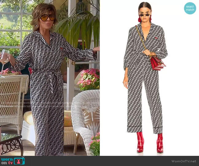 Fendi Logo Print Belted Pajama Jumpsuit worn by Lisa Rinna on The Real Housewives of Beverly Hills