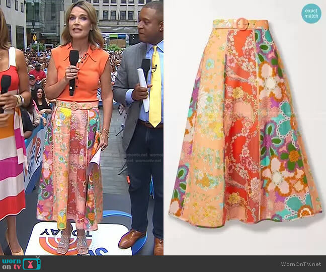 Zimmermann Lola Belted Paneled Floral-Print Linen Midi Skirt worn by Savannah Guthrie on Today