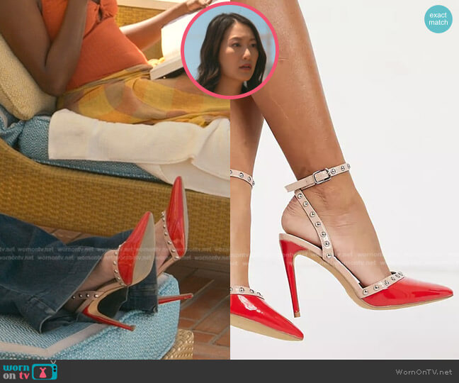 London Rebel Studded Pointed Heels in red worn by Sumi (Kara Wang) on Good Trouble