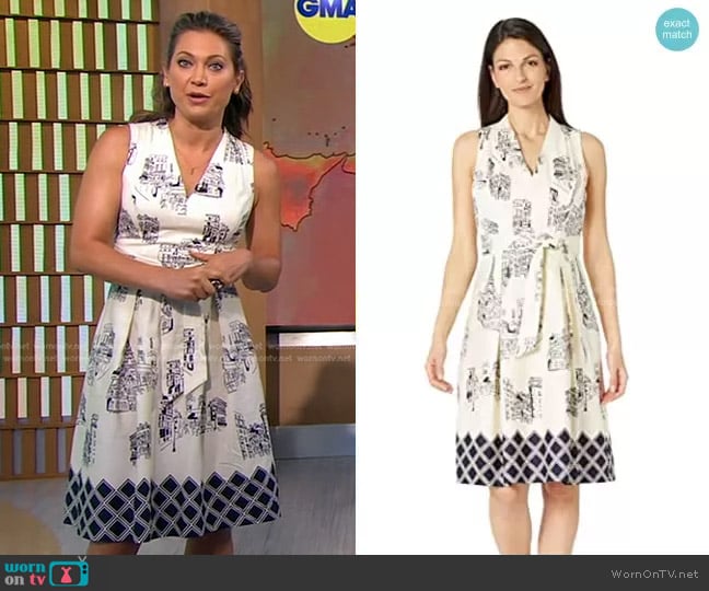 London Times Modern Paris Printed Pleated Dress worn by Ginger Zee on Good Morning America