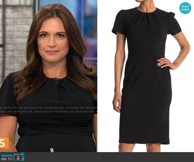 Maggy London Pleated Neck Short Sleeve Sheath Dress in Black worn by Nikki Battiste on CBS Mornings