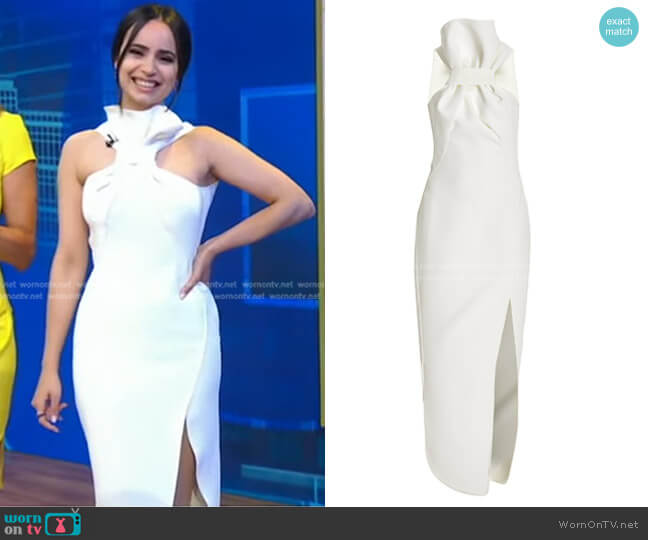 Maticevski Lyubov Draped Tie-Front Crepe Midi Dress worn by Sofia Carson on Good Morning America