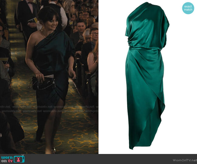 Michelle Mason Draped Silk Midi Dress worn by Mabel Mora (Selena Gomez) on Only Murders in the Building