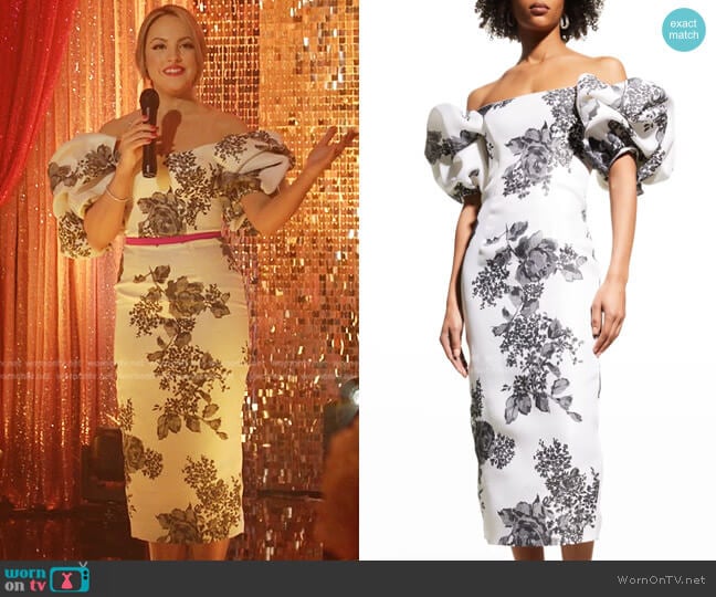 Monique Lhuillier Off-The-Shoulder Puff-Sleeve Midi Dress worn by Fallon Carrington (Elizabeth Gillies) on Dynasty