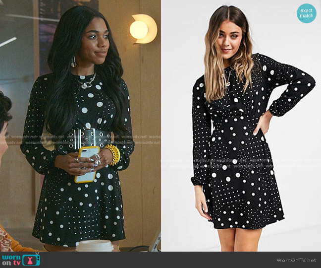New Look Fitted and Flared Mini Dress in Black Polka Dot worn by Zelda Grant (Teala Dunn) on Good Trouble