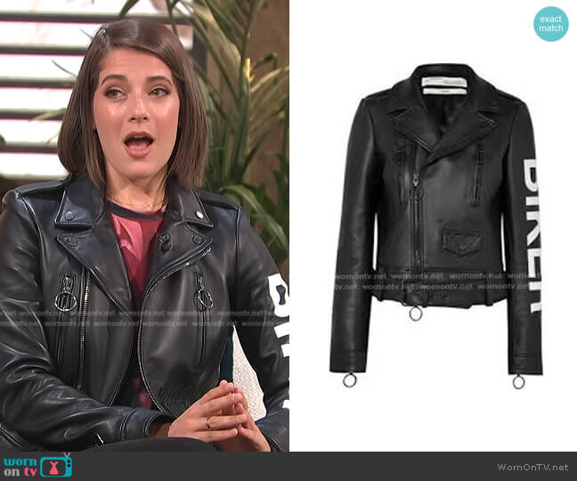 WornOnTV: Daryn Carp’s black leather biker jacket on E! News Daily Pop ...