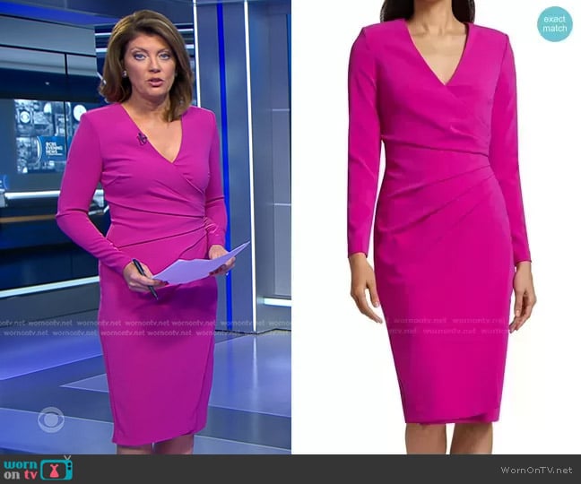 Odessa Ruched Sheath Dress by Badgley Mischka worn by Norah O'Donnell on CBS Evening News