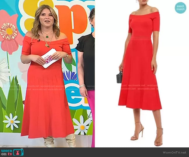 Off-the-Shoulder Pointelle-Trimmed Stretch-Knit Midi Dress by Lela Rose worn by Jenna Bush Hager on Today