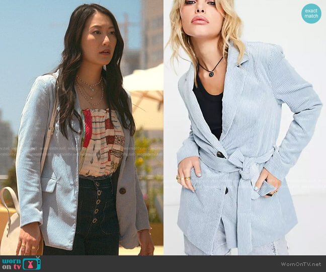 Only Cord Belted Blazer in Blue worn by Sumi (Kara Wang) on Good Trouble