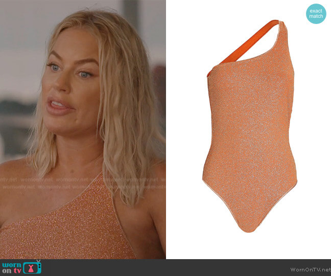Oseree Shine One-Shoulder Lurex Swimsuit worn by Caroline Stanbury (Caroline Stanbury) on The Real Housewives of Dubai