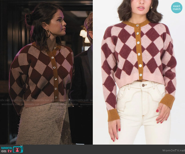 Pastiche Rombos Cardigan in Burgundy and Rose worn by Mabel Mora (Selena Gomez) on Only Murders in the Building