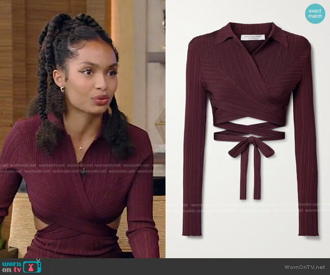 Philosophy di Lorenzo Serafini Cropped Ribbed-Knit Wrap Top worn by Yara Shahidi on Live with Kelly and Ryan