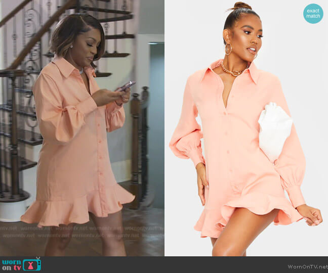 Pretty Little Thing Peach Frill Hem Shirt Dress worn by Drew Sidora on The Real Housewives of Atlanta