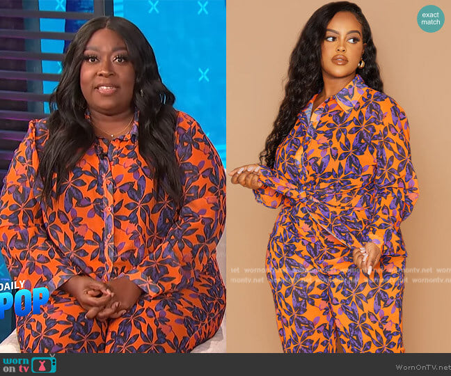 Pretty Little Thing Orange Print Beach Shirt and Pants worn by Loni Love on E! News