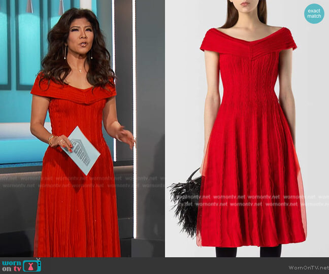 RVN Ruffle V-Neck Off-Shoulder Sleeve Midi Dress Cherry Red worn by Julie Chen on Big Brother
