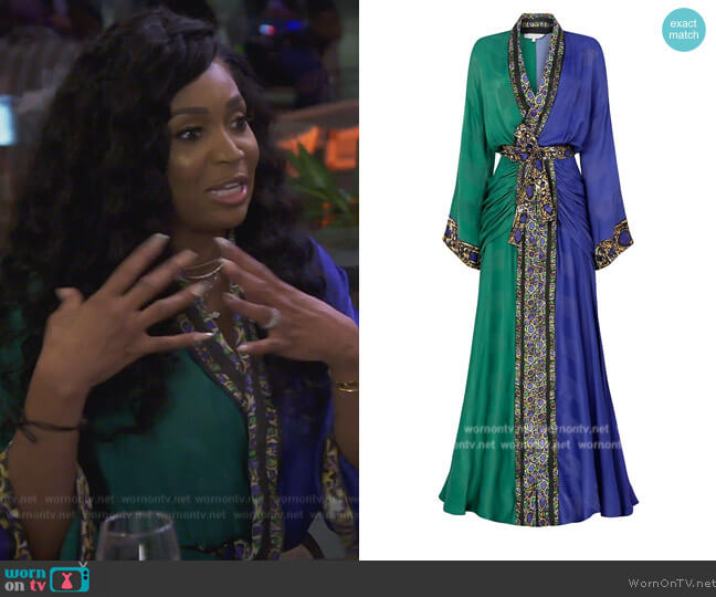 Raisavanessa The Lake House Bicolor Satin Maxi Robe Dress worn by Marlo Hampton on The Real Housewives of Atlanta