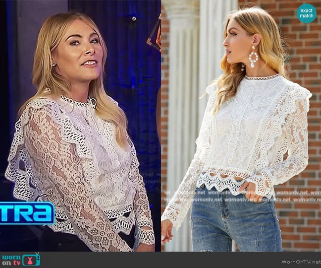 Romwe Lace Overlay Ruffle Trim Blouse worn by Kate Krause on Extra