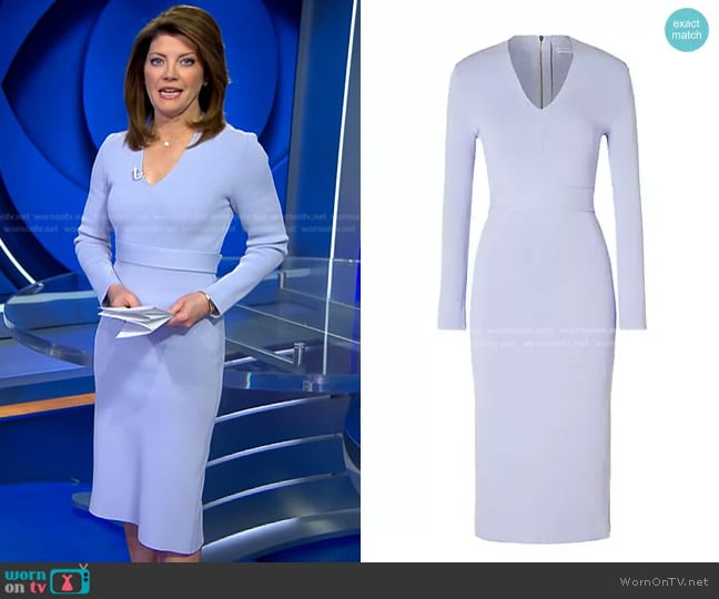 Scanlan Theodore Belted Long-Sleeve Midi-Dress worn by Norah O'Donnell on CBS Evening News