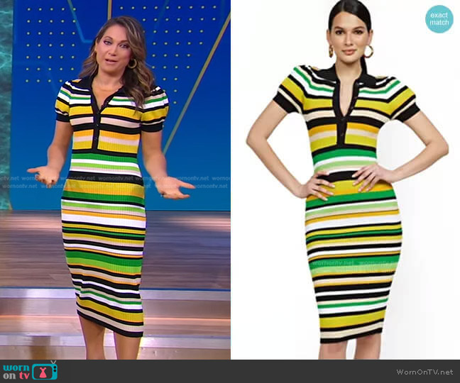 Stripe Puff-Sleeve Polo Midi Sweater Dress by New York & Company worn by Ginger Zee on Good Morning America