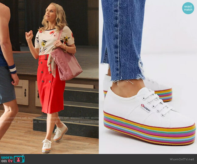 Superga 2790 White Flatform Sneakers with Rainbow Sole worn by Miss Jenn (Kate Reinders) on High School Musical The Musical The Series