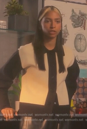 Zaara's black and white fleece jacket on Grown-ish