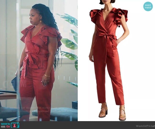 Ted Baker Karine Ruffled Jumpsuit worn by Malika ( Toccarra Cash) on Everythings Trash