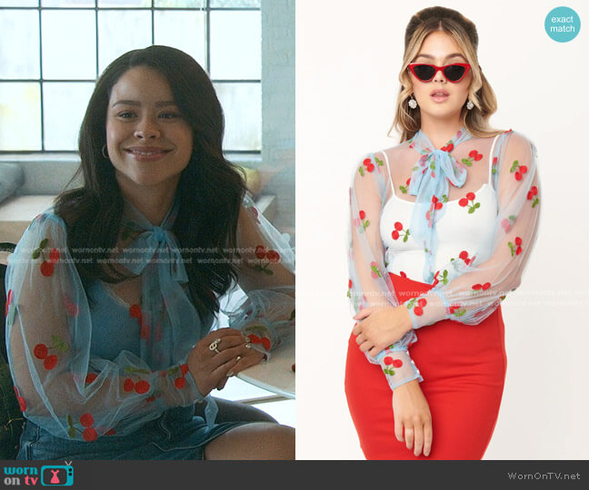 Unique Vintage Blue & Cherry Embroidered Sheer Gwen Blouse worn by Mariana Foster (Cierra Ramirez) on Good Trouble