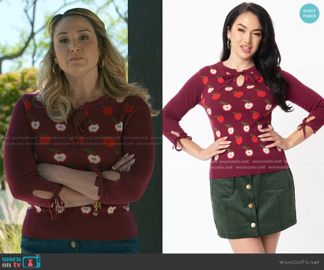 Unique Vintage Burgundy & Apple Print Swoosie Sweater worn by Davia (Emma Hunton) on Good Trouble