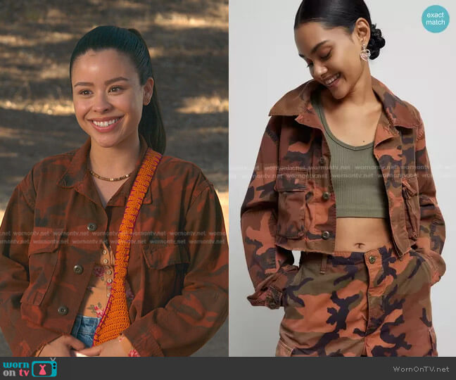 Urban Renewal Remade Overdyed Camo Raw Cropped Jacket worn by Mariana Foster (Cierra Ramirez) on Good Trouble