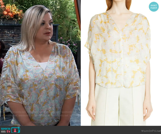 Vince Lotus Ruched Silk Flutter Sleeve Top worn by Maxie Jones (Kirsten Storms) on General Hospital