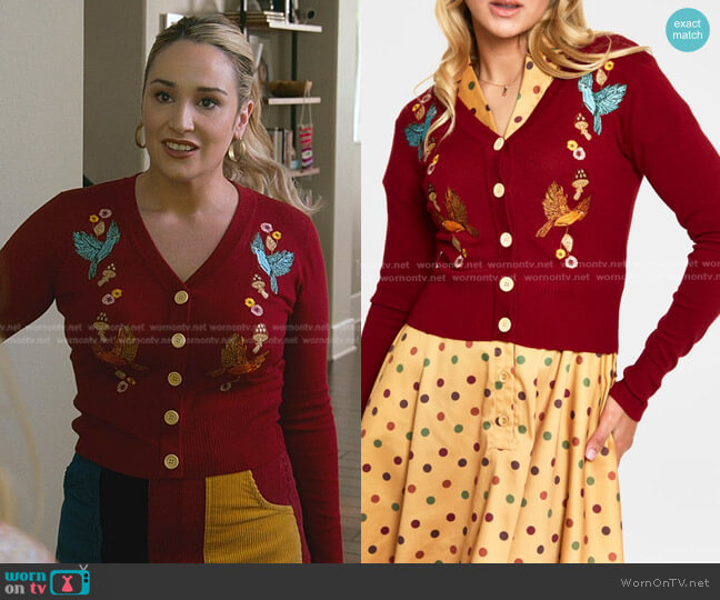 Voodoo Vixen Forest Fly-By Embroidered Cardigan worn by Davia (Emma Hunton) on Good Trouble