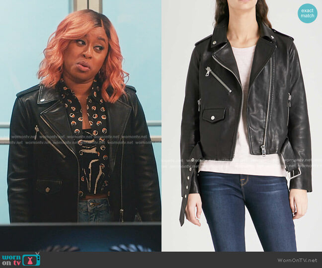 Whistles Agnes Belted Leather Biker Jacket worn by Phoebe (Phoebe Robinson) on Everythings Trash