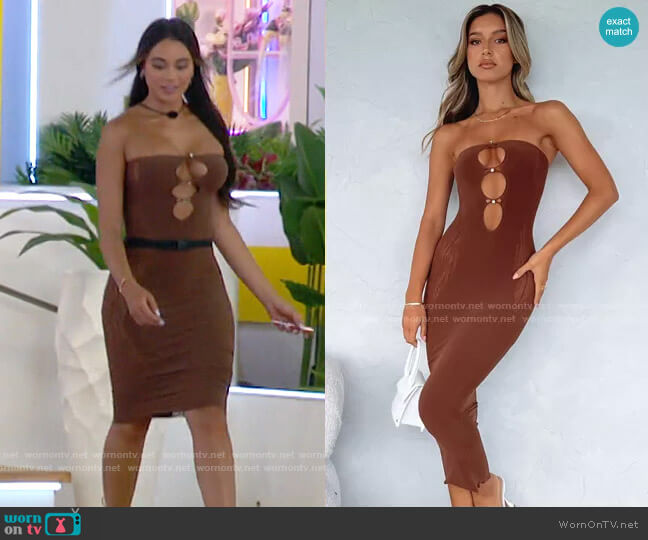 White Fox Your Peace Midi Dress in Chocolate worn by Courtney Boerner on Love Island USA