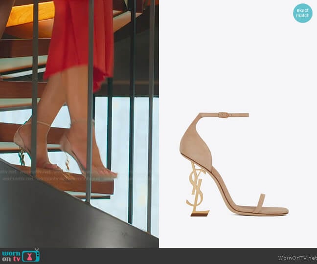Saint Laurent Opyum Sandals in Suede gold worn by Alex Halll (Alex Hall) on Selling the OC