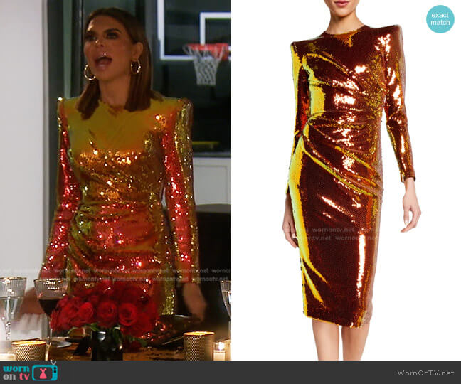 Alex Perry Kelsey Sequined Structured-Shoulder Midi Dress worn by Lisa Rinna on The Real Housewives of Beverly Hills