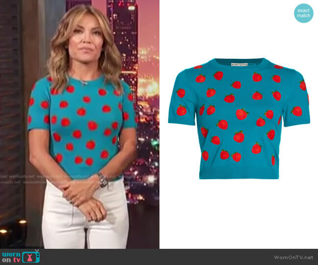 Alice + Olivia Ciara Embroidered Strawberry Cropped Sweater worn by Kit Hoover on Access Hollywood