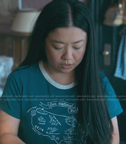 Alice’s teal Our National Parks print tee on Good Trouble