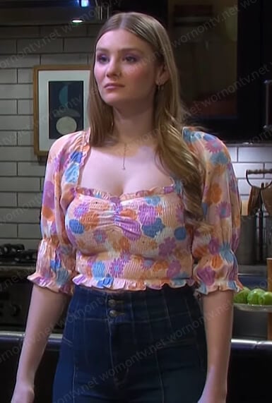 Allie's floral smocked top and jeans on Days of our Lives