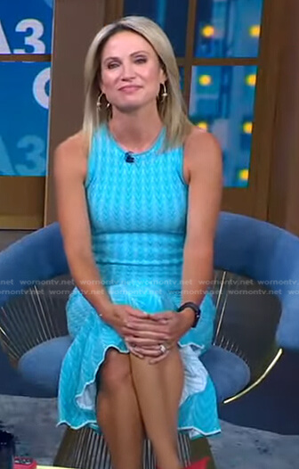 Amy's blue sleeveless mermaid hem dress on Good Morning America