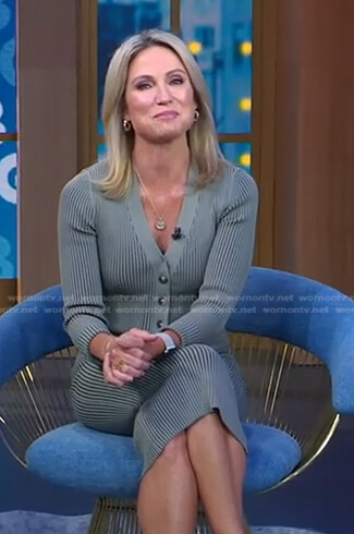Amy's grey ribbed cardigan and skirt on Good Morning America