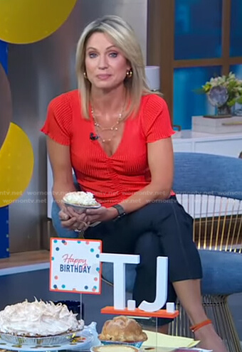 Amy’s red ruched tee and cropped pants on Good Morning America