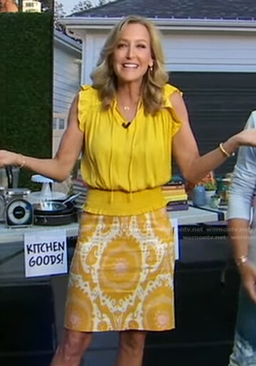 Lara’s yellow top and printed skirt on Good Morning America