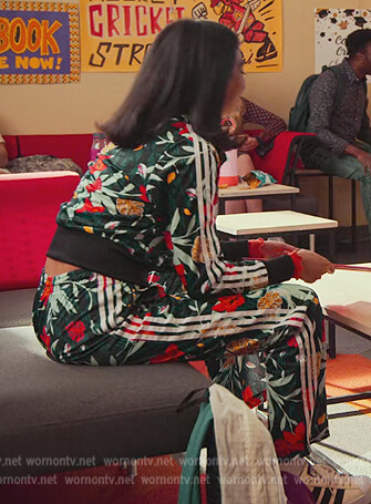 Aneesa’s floral side stripe jacket and pants on Never Have I Ever