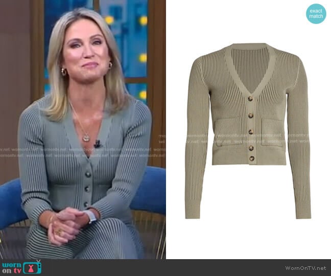 Anine Bing Layla Ribbed Two-Tone Cardigan worn by Amy Robach on Good Morning America