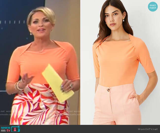 Ann Taylor Refined Stretch Envelope Neck Top in Pale Clementine worn by Jamie Yuccas on CBS Mornings