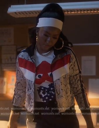 Annika's heart print tee and jacket on Grown-ish