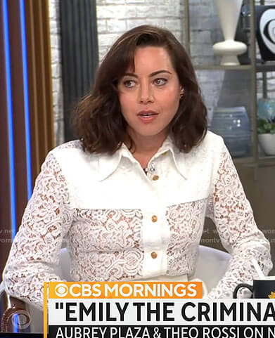 Aubrey Plaza's white lace button down shirt on CBS Mornings