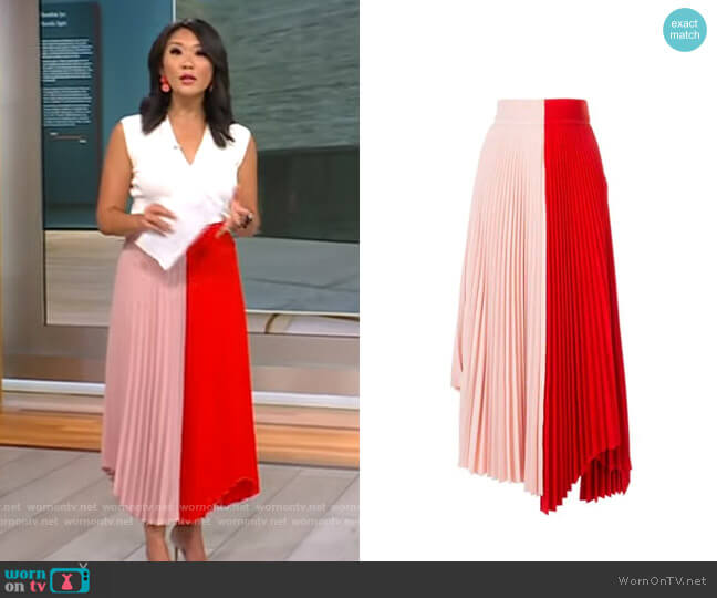 A.W.A.K.E. Double Trouble Doric Pleated Two-tone Cady Midi Skirt worn by Nancy Chen on CBS Mornings