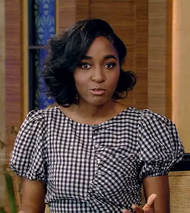 Ayo Edebiri's gingham check puff sleeve dress on Live with Kelly and Ryan